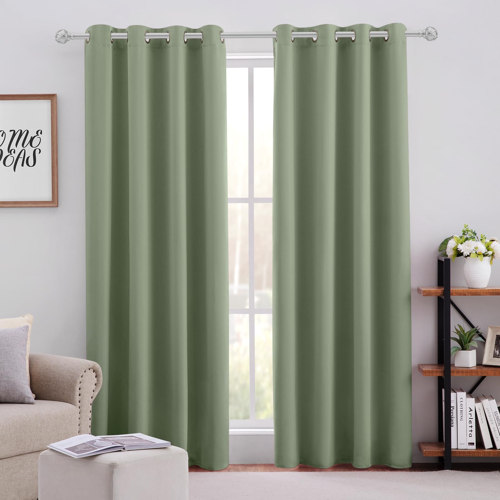 Homeideas Sage Green Blackout Curtains For Bedroom 52 X 63 Inch Length 2 Panels Set Room Darkening Bedroom Curtains, Soundproof